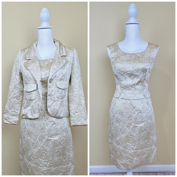 Dresses & Skirts - 1960s Vintage Gold and Cream Brocade Suit / 60s Metallic Satin Jacket, XS